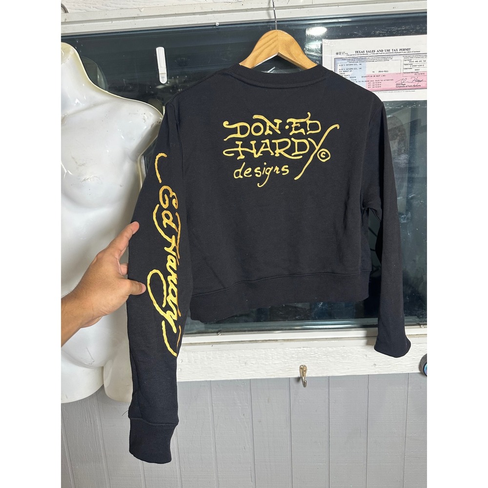 Ed Hardy Womens Black Cropped Sweatshirt Tiger Heart Tattoo Graphic EHWR1415-S M - Picture 4 of 4